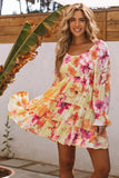 LC6111234-7-S, LC6111234-7-M, LC6111234-7-L, LC6111234-7-XL, Yellow Square Neck Puffy Sleeve Tiered Floral Flowy A Line Short Dress