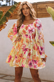 LC6111234-7-S, LC6111234-7-M, LC6111234-7-L, LC6111234-7-XL, Yellow Square Neck Puffy Sleeve Tiered Floral Flowy A Line Short Dress