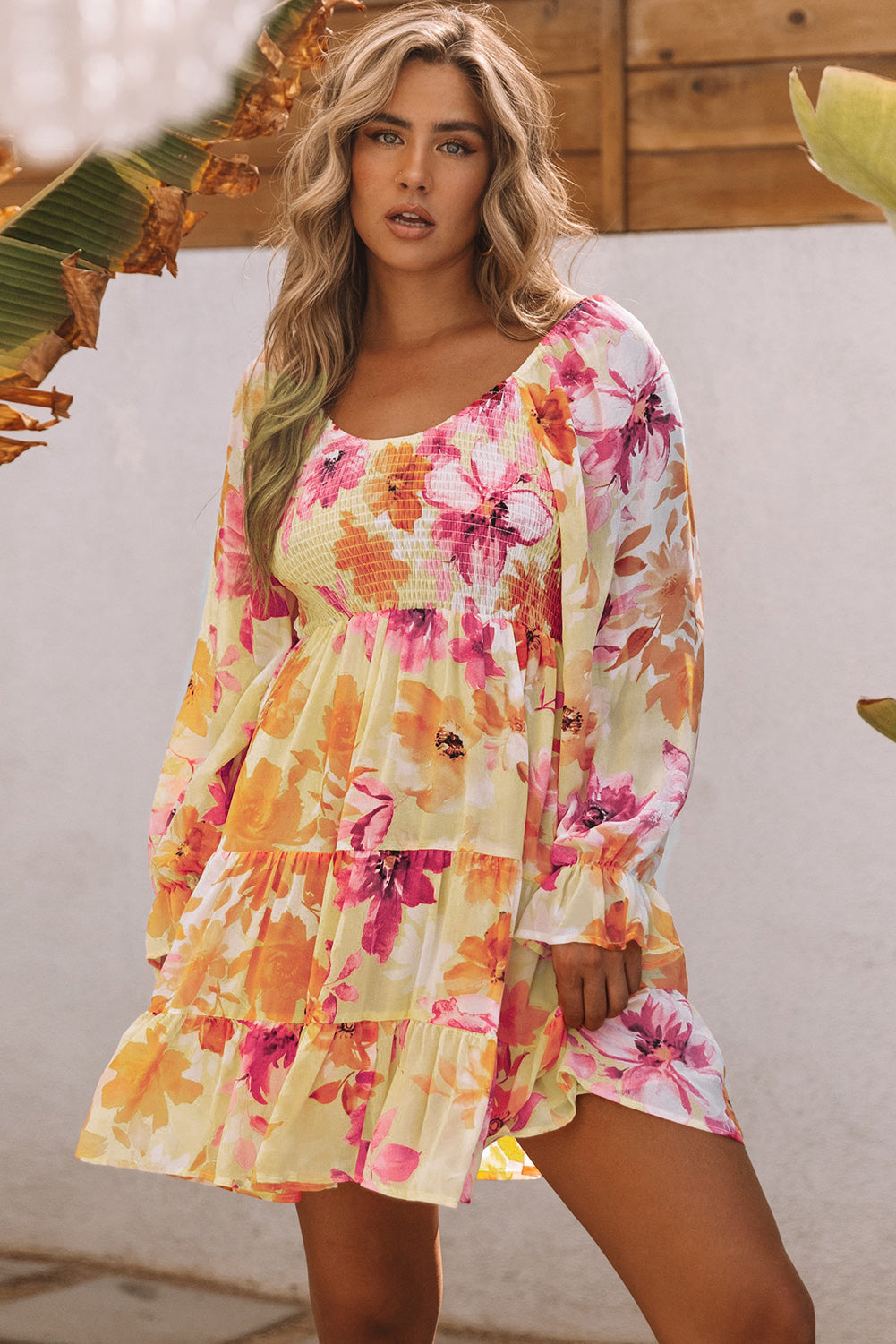LC6111234-7-S, LC6111234-7-M, LC6111234-7-L, LC6111234-7-XL, Yellow Square Neck Puffy Sleeve Tiered Floral Flowy A Line Short Dress