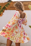 LC6111234-7-S, LC6111234-7-M, LC6111234-7-L, LC6111234-7-XL, Yellow Square Neck Puffy Sleeve Tiered Floral Flowy A Line Short Dress