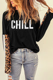 Women's Casual Leopard Print Tee Shirt Tops CHILL Colorblock Long Sleeve Top