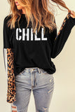 T-shirt décontracté à imprimé léopard pour femmes Haut à manches longues CHILL Colorblock