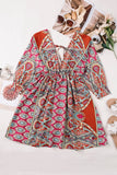 LC221873-22-S, LC221873-22-M, LC221873-22-L, LC221873-22-XL, Multicolor Bohemian 3/4 Sleeve V Neck Vintage Mini Dress for Women