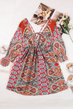 LC221873-22-S, LC221873-22-M, LC221873-22-L, LC221873-22-XL, Multicolor Bohemian 3/4 Sleeve V Neck Vintage Mini Dress for Women