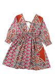 LC221873-22-S, LC221873-22-M, LC221873-22-L, LC221873-22-XL, Multicolor Bohemian 3/4 Sleeve V Neck Vintage Mini Dress for Women