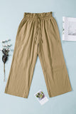 LC771296-1016-S, LC771296-1016-M, LC771296-1016-L, LC771296-1016-XL, Khaki Women's High Waist Paper Bag Straight Leg Cropped Long Pants with Pocket