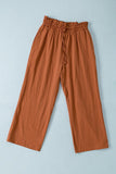 LC771296-17-S, LC771296-17-M, LC771296-17-L, LC771296-17-XL, Brown Women's High Waist Paper Bag Straight Leg Cropped Long Pants with Pocket