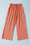 LC771296-14-S, LC771296-14-M, LC771296-14-L, LC771296-14-XL, Orange Women's High Waist Paper Bag Straight Leg Cropped Long Pants with Pocket