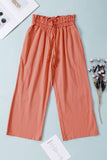 LC771296-14-S, LC771296-14-M, LC771296-14-L, LC771296-14-XL, Orange Women's High Waist Paper Bag Straight Leg Cropped Long Pants with Pocket