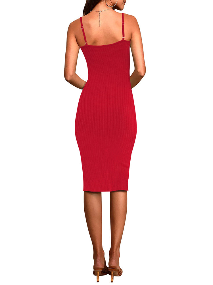 LC6110785-3-S, LC6110785-3-M, LC6110785-3-L, LC6110785-3-XL, LC6110785-3-XS, Red Women's Spaghetti Straps Cutout Midi Dress Party Club Dress