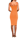 LC6110785-14-S, LC6110785-14-M, LC6110785-14-L, LC6110785-14-XL, LC6110785-14-XS, Orange Women's Spaghetti Straps Cutout Midi Dress Party Club Dress