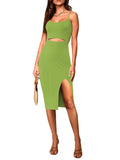 LC6110785-209-S, LC6110785-209-M, LC6110785-209-L, LC6110785-209-XL, Green Women's Spaghetti Straps Cutout Midi Dress Party Club Dress