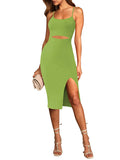 LC6110785-209-S, LC6110785-209-M, LC6110785-209-L, LC6110785-209-XL, Green Women's Spaghetti Straps Cutout Midi Dress Party Club Dress
