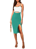 LC6110785-109-S, LC6110785-109-M, LC6110785-109-L, LC6110785-109-XL, Green Women's Spaghetti Straps Cutout Midi Dress Party Club Dress