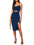 LC6110785-5-S, LC6110785-5-M, LC6110785-5-L, LC6110785-5-XL, LC6110785-5-XS, Blue Women's Spaghetti Straps Cutout Midi Dress Party Club Dress