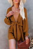 LC643624-17-S, LC643624-17-M, LC643624-17-L, LC643624-17-XL, LC643624-17-2XL, Brown Women's Sexy V Neck Jumpsuits Chiffon Tie Knot Front Puff Long Sleeve Romper