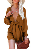 LC643624-17-S, LC643624-17-M, LC643624-17-L, LC643624-17-XL, LC643624-17-2XL, Brown Women's Sexy V Neck Jumpsuits Chiffon Tie Knot Front Puff Long Sleeve Romper