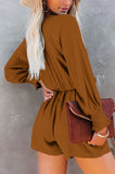 LC643624-17-S, LC643624-17-M, LC643624-17-L, LC643624-17-XL, LC643624-17-2XL, Brown Women's Sexy V Neck Jumpsuits Chiffon Tie Knot Front Puff Long Sleeve Romper