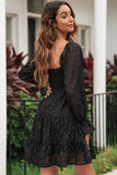 LC6111010-2-S, LC6111010-2-M, LC6111010-2-L, LC6111010-2-XL, Black Womens Leopard High Waist Smocked Long Sleeve Casual Dresses