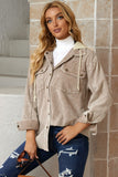 LC8512025-16-S, LC8512025-16-M, LC8512025-16-L, LC8512025-16-XL, LC8512025-16-2XL, Khaki Corduroy Shacket Jacket Button Down Hooded Coat with Pockets