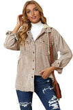 LC8512025-16-S, LC8512025-16-M, LC8512025-16-L, LC8512025-16-XL, LC8512025-16-2XL, Khaki Corduroy Shacket Jacket Button Down Hooded Coat with Pockets