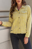 LC8511504-7-S, LC8511504-7-M, LC8511504-7-L, LC8511504-7-XL, LC8511504-7-2XL, Yellow Women's Jean Jacket Long Sleeve Lapel Distressed Raw Hem Buttons Denim Coat