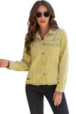 LC8511504-7-S, LC8511504-7-M, LC8511504-7-L, LC8511504-7-XL, LC8511504-7-2XL, Yellow Women's Jean Jacket Long Sleeve Lapel Distressed Raw Hem Buttons Denim Coat