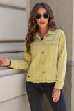 LC8511504-7-S, LC8511504-7-M, LC8511504-7-L, LC8511504-7-XL, LC8511504-7-2XL, Yellow Women's Jean Jacket Long Sleeve Lapel Distressed Raw Hem Buttons Denim Coat