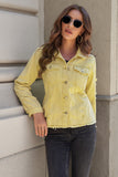 LC8511504-7-S, LC8511504-7-M, LC8511504-7-L, LC8511504-7-XL, LC8511504-7-2XL, Yellow Women's Jean Jacket Long Sleeve Lapel Distressed Raw Hem Buttons Denim Coat