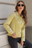 LC8511504-7-S, LC8511504-7-M, LC8511504-7-L, LC8511504-7-XL, LC8511504-7-2XL, Yellow Women's Jean Jacket Long Sleeve Lapel Distressed Raw Hem Buttons Denim Coat