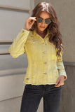 LC8511504-7-S, LC8511504-7-M, LC8511504-7-L, LC8511504-7-XL, LC8511504-7-2XL, Yellow Women's Jean Jacket Long Sleeve Lapel Distressed Raw Hem Buttons Denim Coat