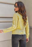 LC8511504-7-S, LC8511504-7-M, LC8511504-7-L, LC8511504-7-XL, LC8511504-7-2XL, Yellow Women's Jean Jacket Long Sleeve Lapel Distressed Raw Hem Buttons Denim Coat