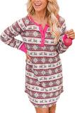 LC16026-6-S, LC16026-6-M, LC16026-6-L, LC16026-6-XL, Rose Christmas  Henley Pajama Dress Long Sleeve Women's Nightshirt