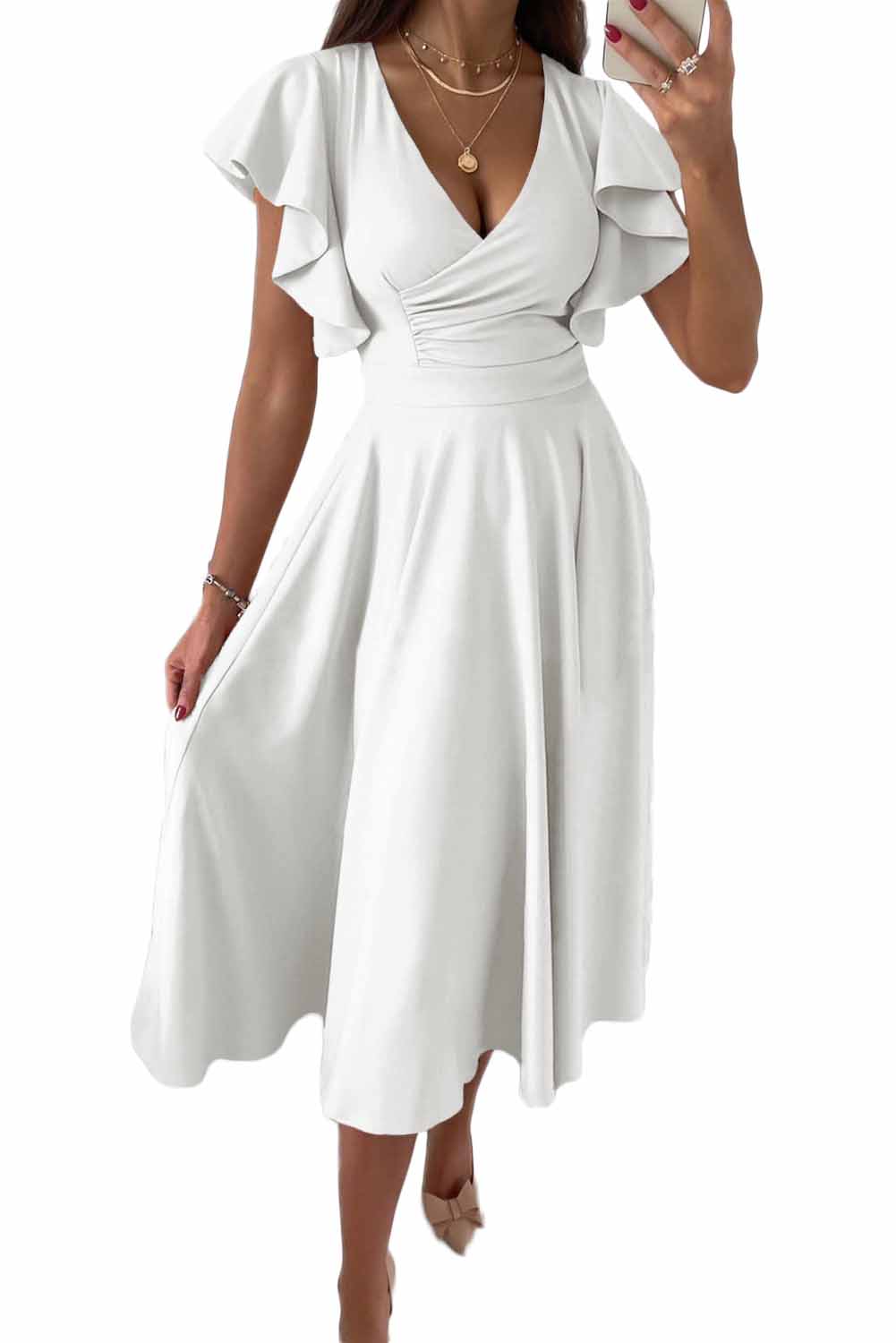 LC6110363-1-S, LC6110363-1-M, LC6110363-1-L, LC6110363-1-XL, LC6110363-1-2XL, White Womens V Neck Ruffle Sleeve Wrap Dress Midi Dress Cocktail Party Dress