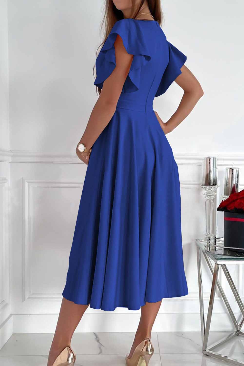 LC6110363-5-S, LC6110363-5-M, LC6110363-5-L, LC6110363-5-XL, LC6110363-5-2XL, Blue Womens V Neck Ruffle Sleeve Wrap Dress Midi Dress Cocktail Party Dress