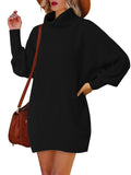 LC273345-2-S, LC273345-2-M, LC273345-2-L, LC273345-2-XL, Black Women Casual Turtleneck Oversized Sweater Dresses Ribbed Baggy Pullover Knit Dress
