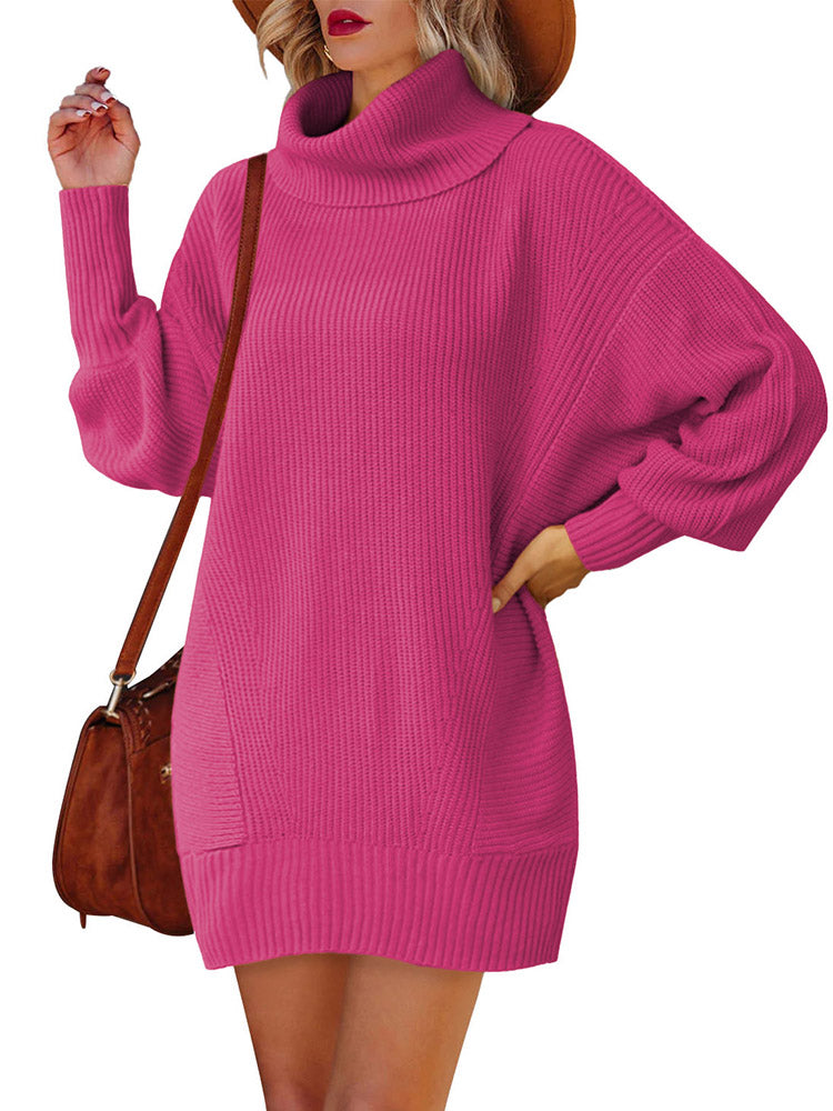 LC273345-6-S, LC273345-6-M, LC273345-6-L, LC273345-6-XL, Rose Red Women Casual Turtleneck Oversized Sweater Dresses Ribbed Baggy Pullover Knit Dress