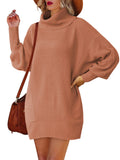 LC273345-17-S, LC273345-17-M, LC273345-17-L, LC273345-17-XL, Brown Women Casual Turtleneck Oversized Sweater Dresses Ribbed Baggy Pullover Knit Dress
