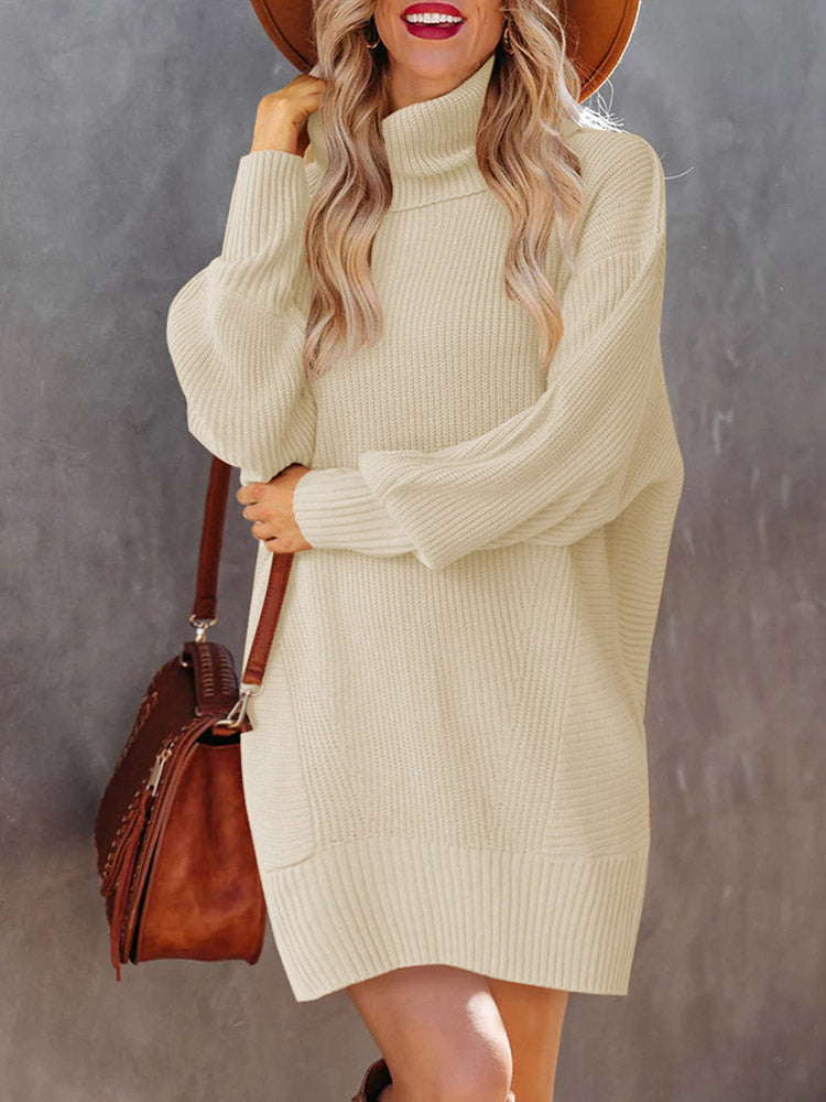 LC273345-18-S, LC273345-18-M, LC273345-18-L, LC273345-18-XL, Apricot Women Casual Turtleneck Oversized Sweater Dresses Ribbed Baggy Pullover Knit Dress