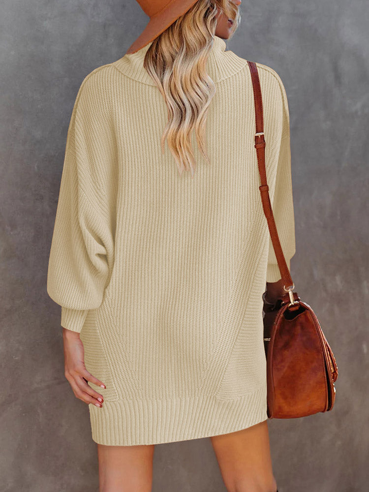 LC273345-18-S, LC273345-18-M, LC273345-18-L, LC273345-18-XL, Apricot Women Casual Turtleneck Oversized Sweater Dresses Ribbed Baggy Pullover Knit Dress