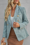 LC852370-4-S, LC852370-4-M, LC852370-4-L, LC852370-4-XL, LC852370-4-2XL, Sky Blue Double Breasted Lapel Blazers Women's Casual Office Long Sleeve Jacket