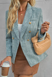 LC852370-4-S, LC852370-4-M, LC852370-4-L, LC852370-4-XL, LC852370-4-2XL, Sky Blue Double Breasted Lapel Blazers Women's Casual Office Long Sleeve Jacket