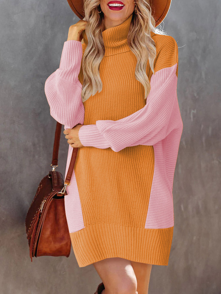 LC273345-14-S, LC273345-14-M, LC273345-14-L, LC273345-14-XL, Orange Women Casual Turtleneck Oversized Sweater Dresses Ribbed Baggy Pullover Knit Dress