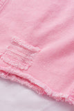 LC8511504-10-S, LC8511504-10-M, LC8511504-10-L, LC8511504-10-XL, LC8511504-10-2XL, Pink Women's Jean Jacket Long Sleeve Lapel Distressed Raw Hem Buttons Denim Coat