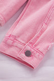 LC8511504-10-S, LC8511504-10-M, LC8511504-10-L, LC8511504-10-XL, LC8511504-10-2XL, Pink Women's Jean Jacket Long Sleeve Lapel Distressed Raw Hem Buttons Denim Coat