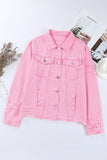 LC8511504-10-S, LC8511504-10-M, LC8511504-10-L, LC8511504-10-XL, LC8511504-10-2XL, Pink Women's Jean Jacket Long Sleeve Lapel Distressed Raw Hem Buttons Denim Coat