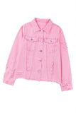 LC8511504-10-S, LC8511504-10-M, LC8511504-10-L, LC8511504-10-XL, LC8511504-10-2XL, Pink Women's Jean Jacket Long Sleeve Lapel Distressed Raw Hem Buttons Denim Coat