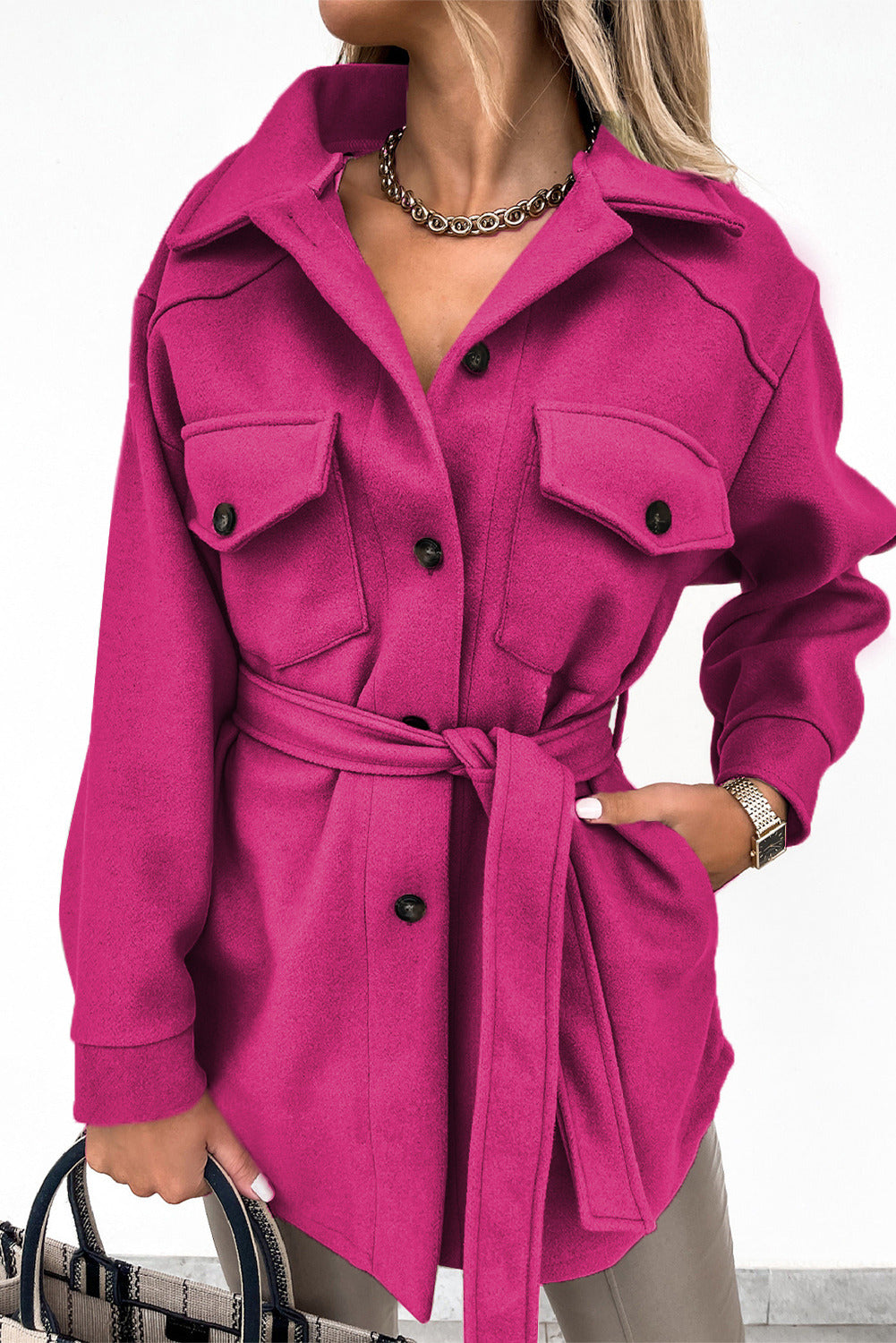 Pink Women's Lapel Button Down Coat Winter Belted Coat with Pockets LC8511359-1010