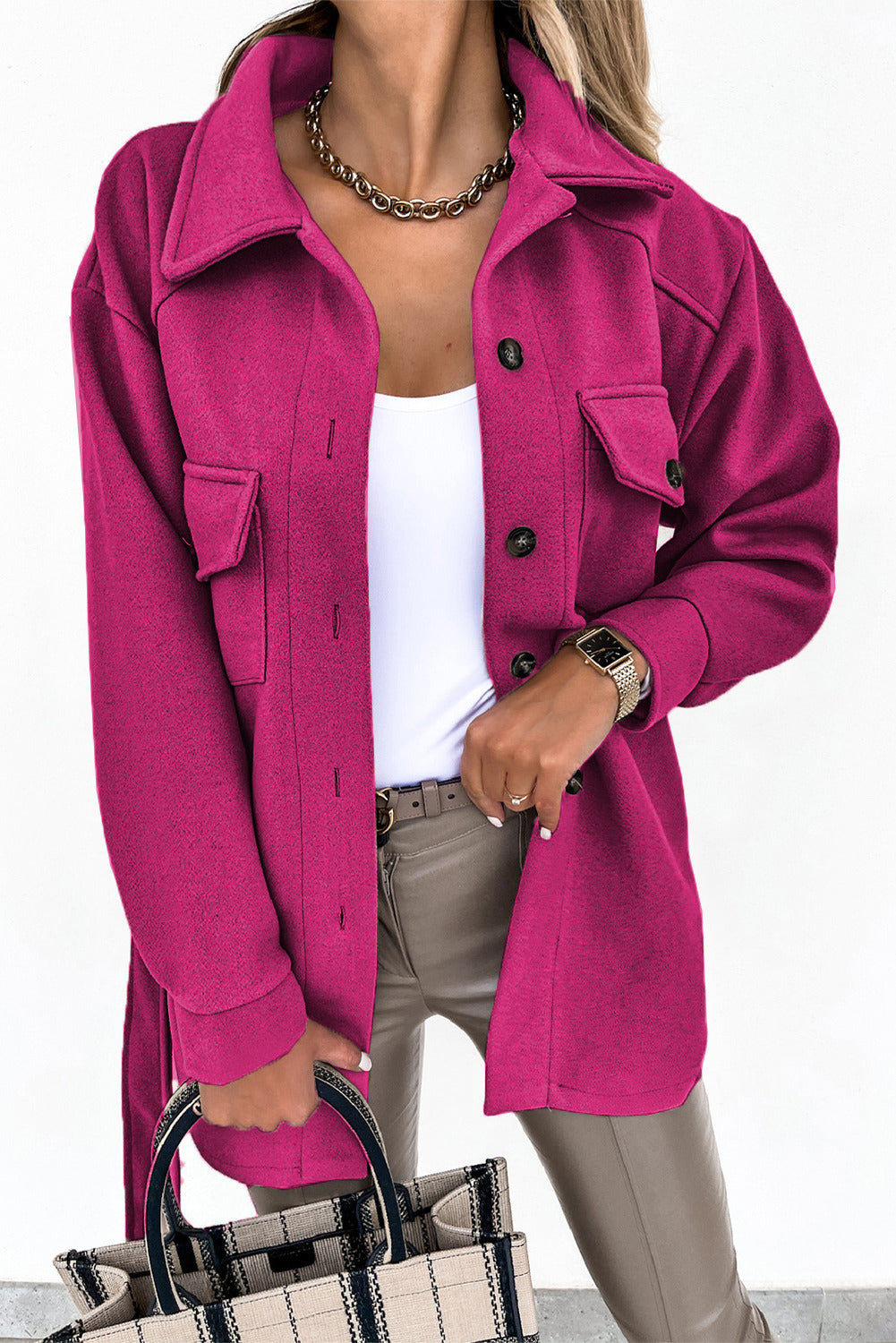 Pink Women's Lapel Button Down Coat Winter Belted Coat with Pockets LC8511359-1010
