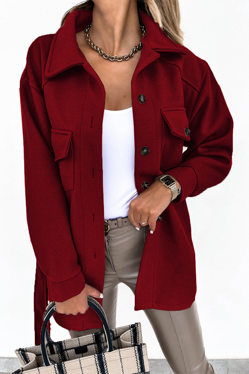 Red Women's Lapel Button Down Coat Winter Belted Coat with Pockets LC8511359-103